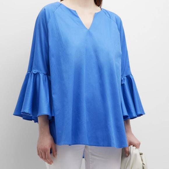 NWT Harshnan Zenaida Blue Ruffled Blouse with 3/4 Sleeves, L - Picture 1 of 6